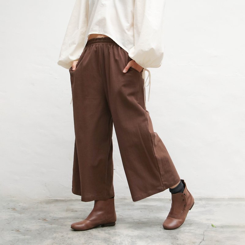 OMAKE 织纹口袋宽裤 咖啡 - 女装长裤 - 棉．麻 咖啡色