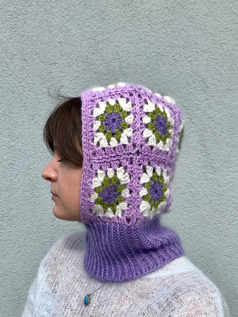 Crocheted cashmere blend balaclava in granny square technique - 帽子 - 羊毛 紫色