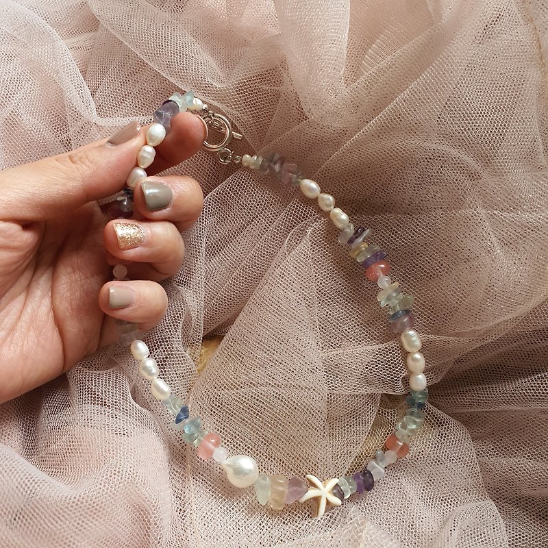 Fluorite Necklace With Freshwater Pear| Colorful Choker | Free Gift Wrap - 项链 - 宝石 多色