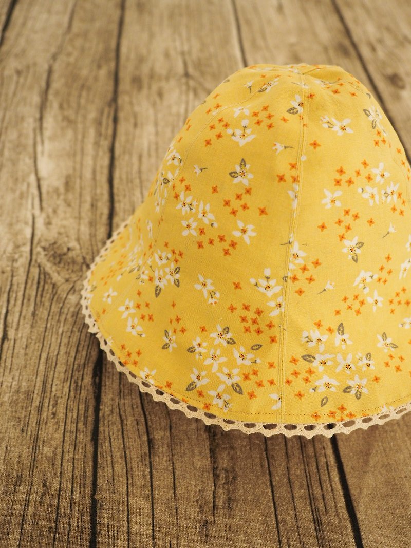 手工制作 可爱粉黄小花图案双面太阳帽子 适合婴儿小孩成人 - 婴儿帽/发带 - 棉．麻 黄色