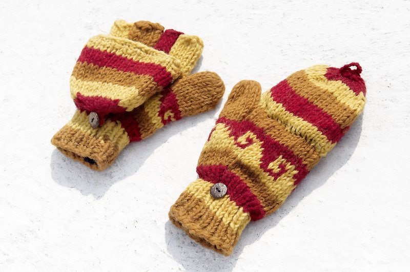 圣诞节礼物 创意礼物 限量一件手织纯羊毛针织手套 / 可拆卸手套 / 内刷毛手套 / 保暖手套(made in nepal) - 漫步在夕阳里的沙漠 民族图腾 - 手套 - 羊毛 多色
