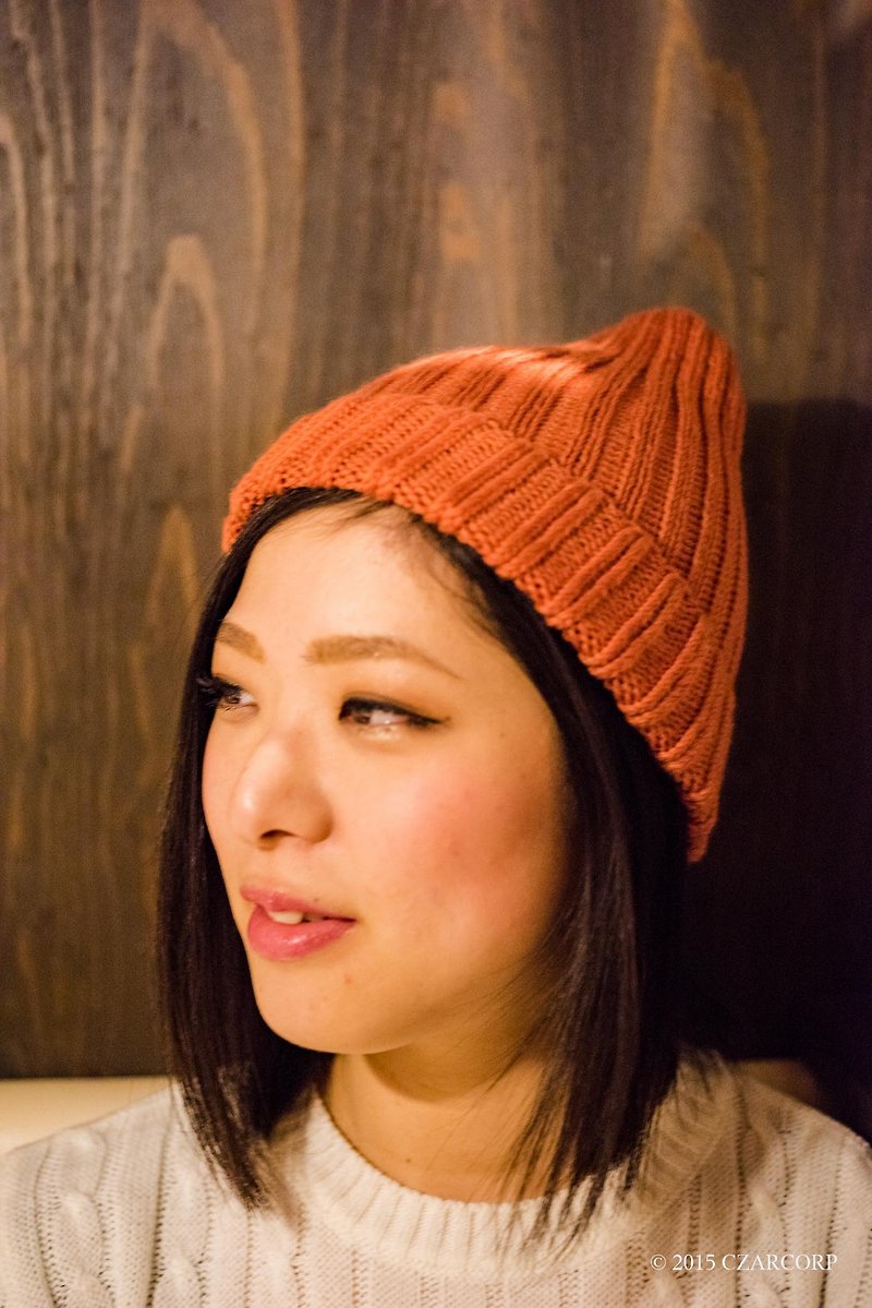 シンプルメリノウール１００％リブ編み帽子 - 女装针织衫/毛衣 - 其他材质 橘色