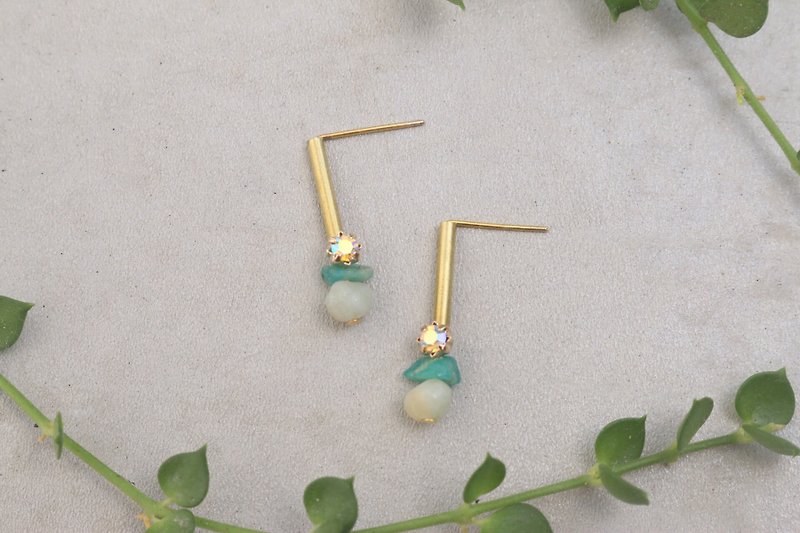岫玉 天河石 黄铜 水晶 耳环 （1056 等啊等） - 耳环/耳夹 - 宝石 绿色