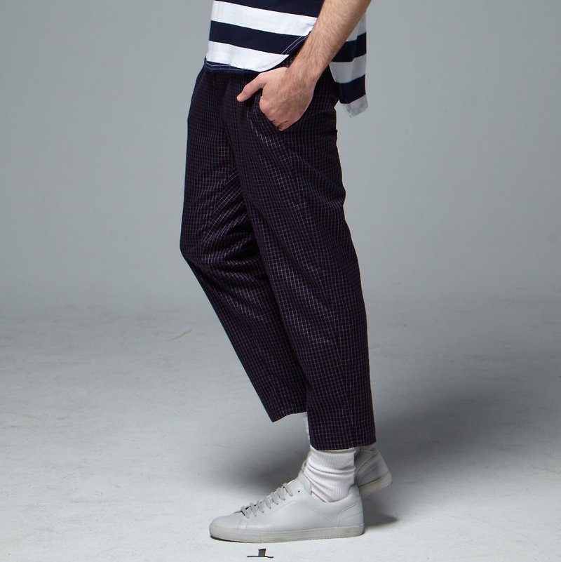 Stone'As Cropped Tapered Trousers In Navy / 窗格 九分裤 蓝 格纹 格子 - 男士长裤 - 其他材质 蓝色
