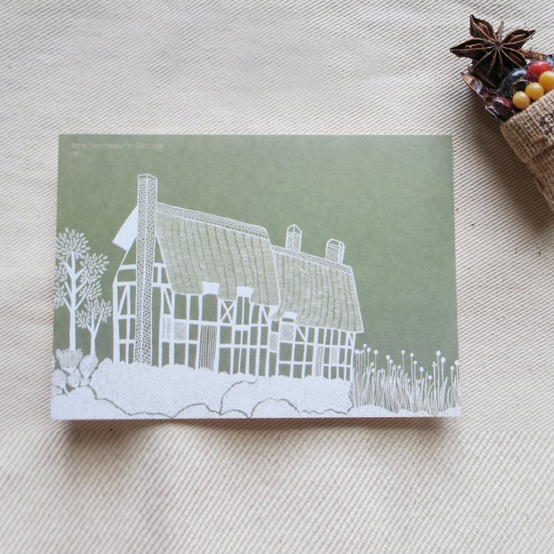 旅行风景英国-莎士比亚之妻农舍 / 插画明信片 - 卡片/明信片 - 纸 绿色