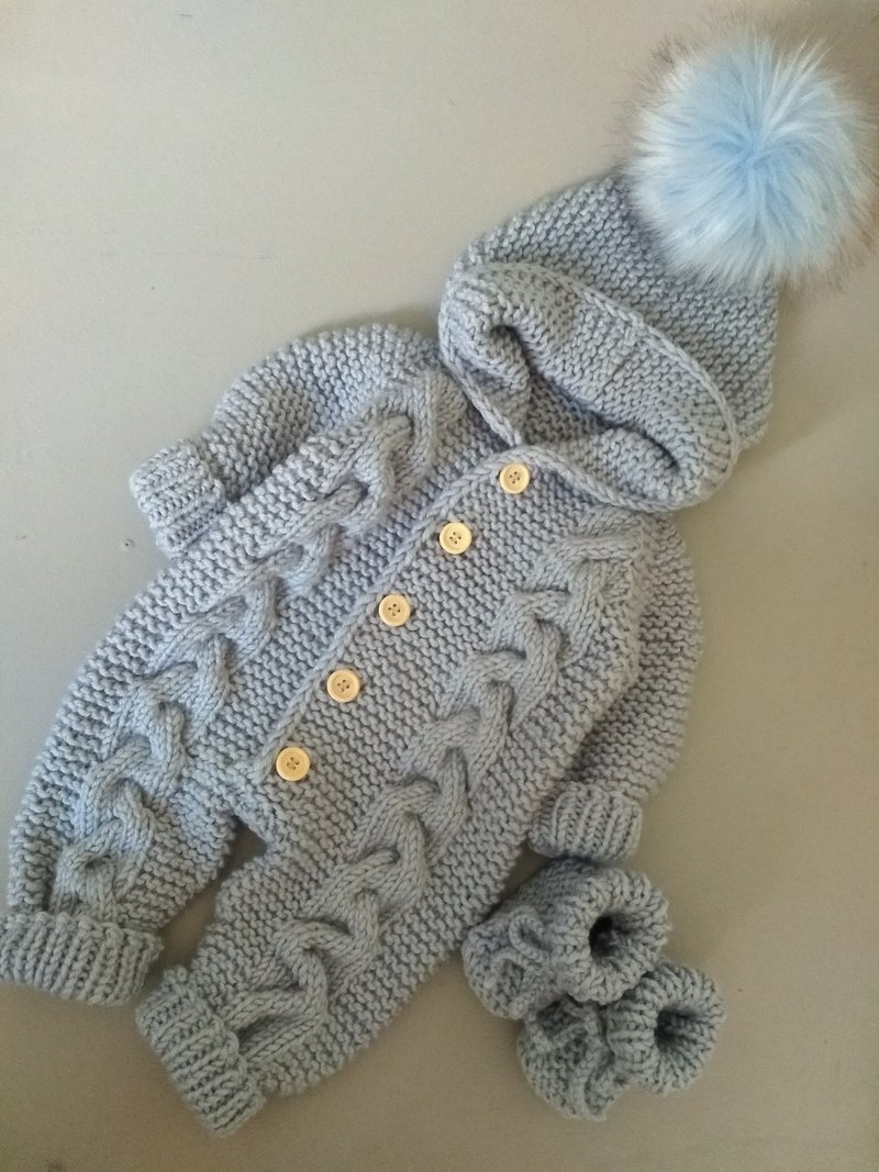 Knitting pattern for baby jumpsuit, 0-6 months, pdf instruction in English - 包屁衣/连体衣 - 羊毛 蓝色