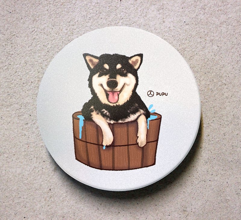 黑色柴犬-洗澡-原创插画 -MIT莺歌-UV直喷-陶瓷吸水杯垫-文创柴犬 - 杯垫 - 纸 