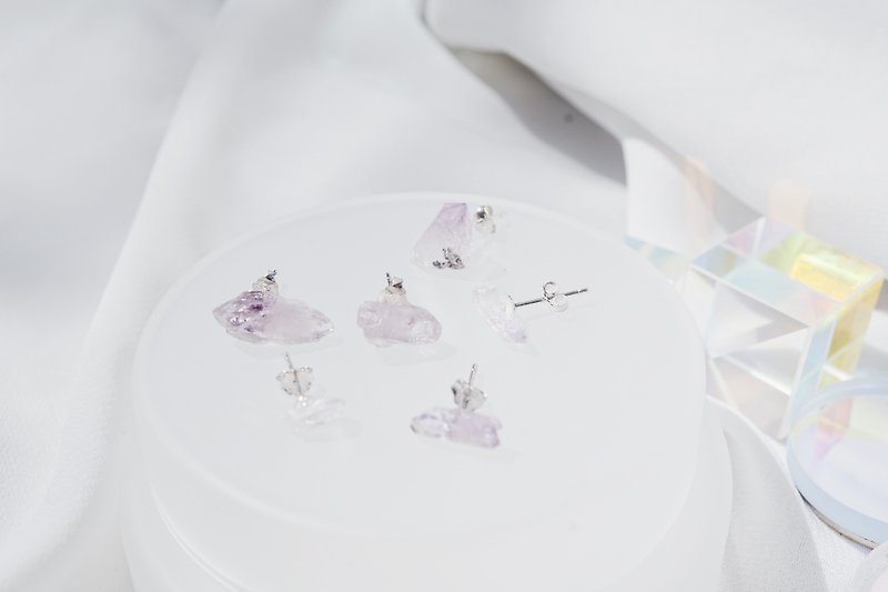紫水晶原石925纯银耳环 二月诞生石 - 耳环/耳夹 - 宝石 紫色