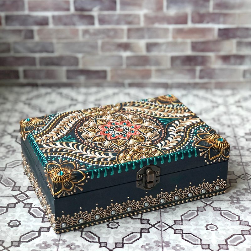 【彩绘宝盒-摩洛哥奇想】 HENNA 民族风 置物盒 禅绕 摩洛哥 木盒 - 收纳用品 - 木头 绿色