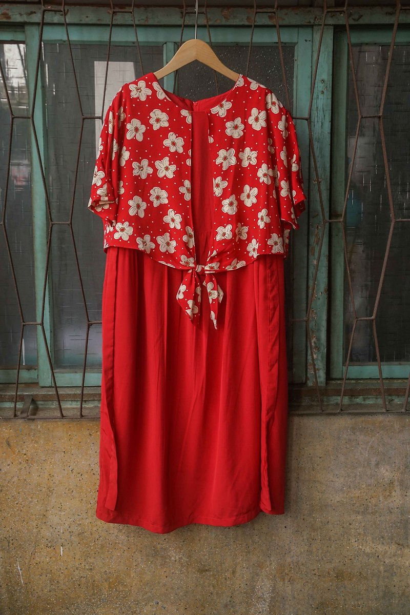 纯情百货行 Vintage 古着 古着洋装 涂鸦小花点点洋装 - 洋装/连衣裙 - 其他材质 红色