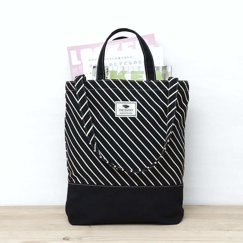 2way-tote - black oblique stripes - 手拿包 - 棉．麻 