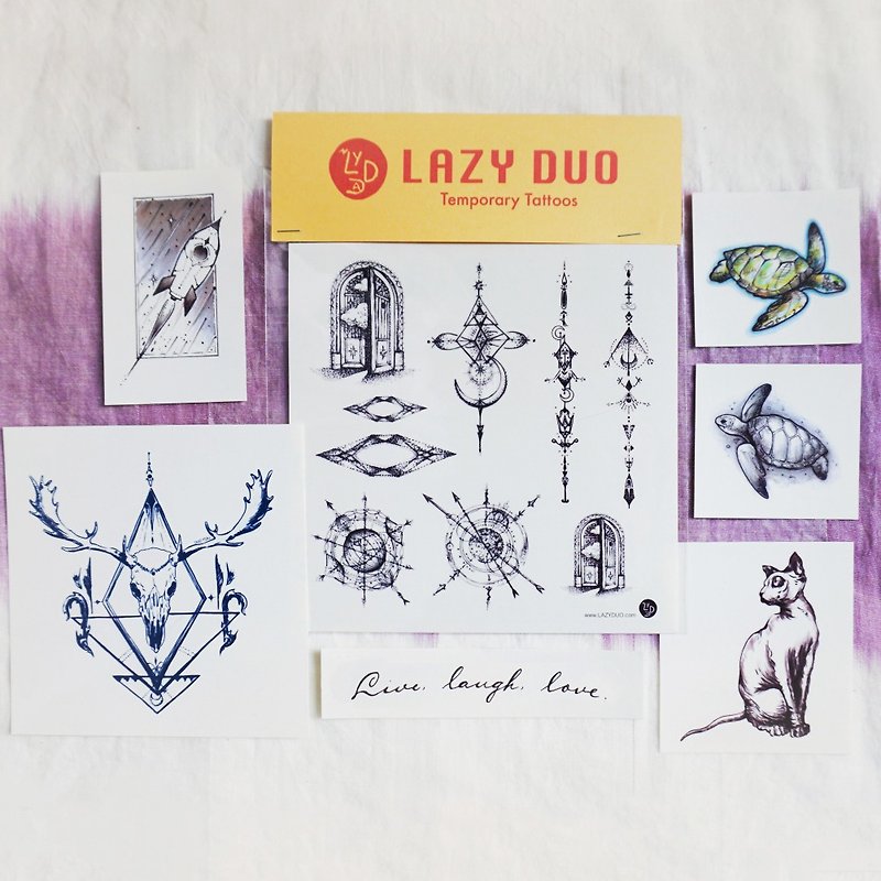 Goody Bag - LAZY DUO手绘刺青纹身贴纸｜福袋D・星球／指南针／海龟／鹿／火箭 · - 纹身贴 - 纸 多色