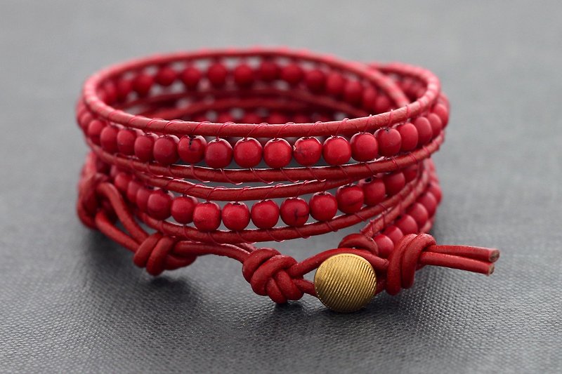 皮革手镯完全红色串珠包裹手链编织的石头时髦 - 手链/手环 - 真皮 红色