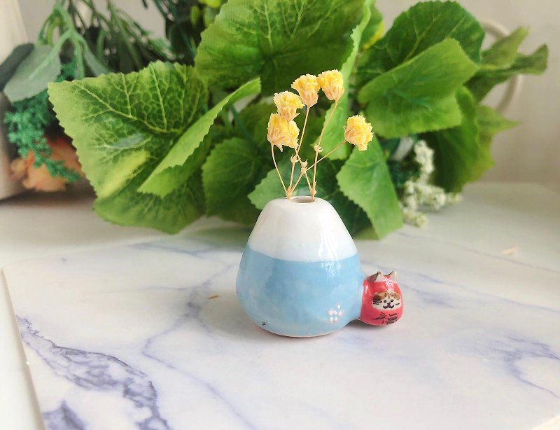 桌上风景-富士山与猫仙达摩小花瓶 - 花瓶/陶器 - 陶 蓝色