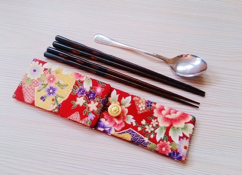 环保餐具收纳袋 双层筷子袋 日系风 红色款 - 餐刀/叉/匙组合 - 棉．麻 红色