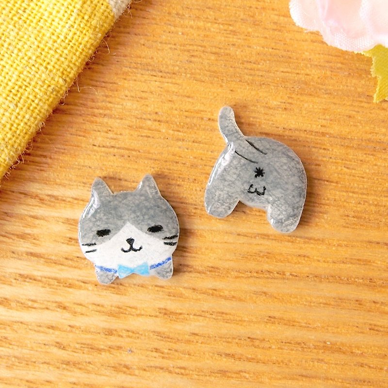 Meow原创手作灰白色猫猫和猫屁屁耳环一对 - 可改夹式 - 耳环/耳夹 - 塑料 灰色