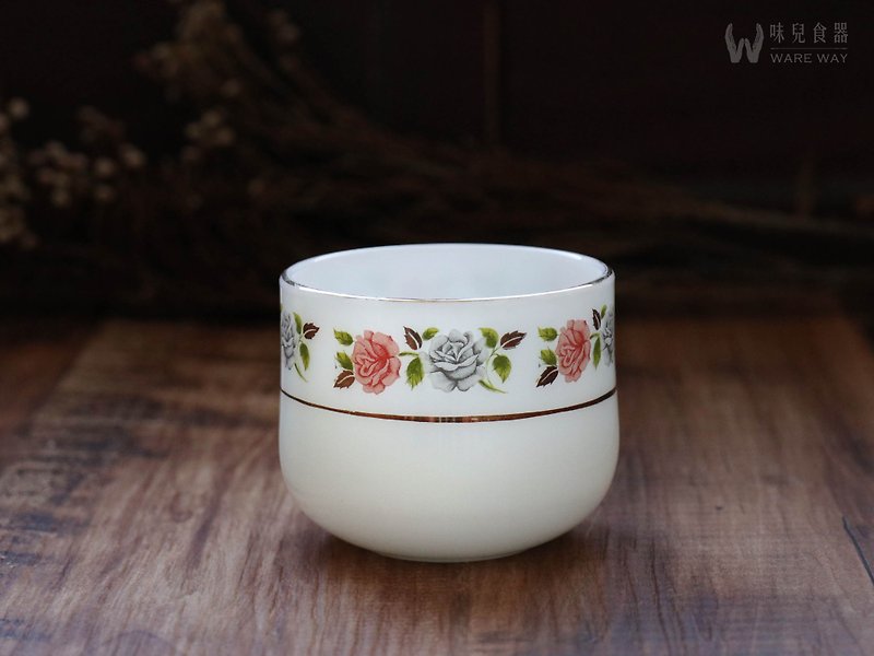 早期茶水杯－牛奶玫瑰 (旧物/老件/碧悠/耐热玻璃/图花) - 茶具/茶杯 - 玻璃 白色
