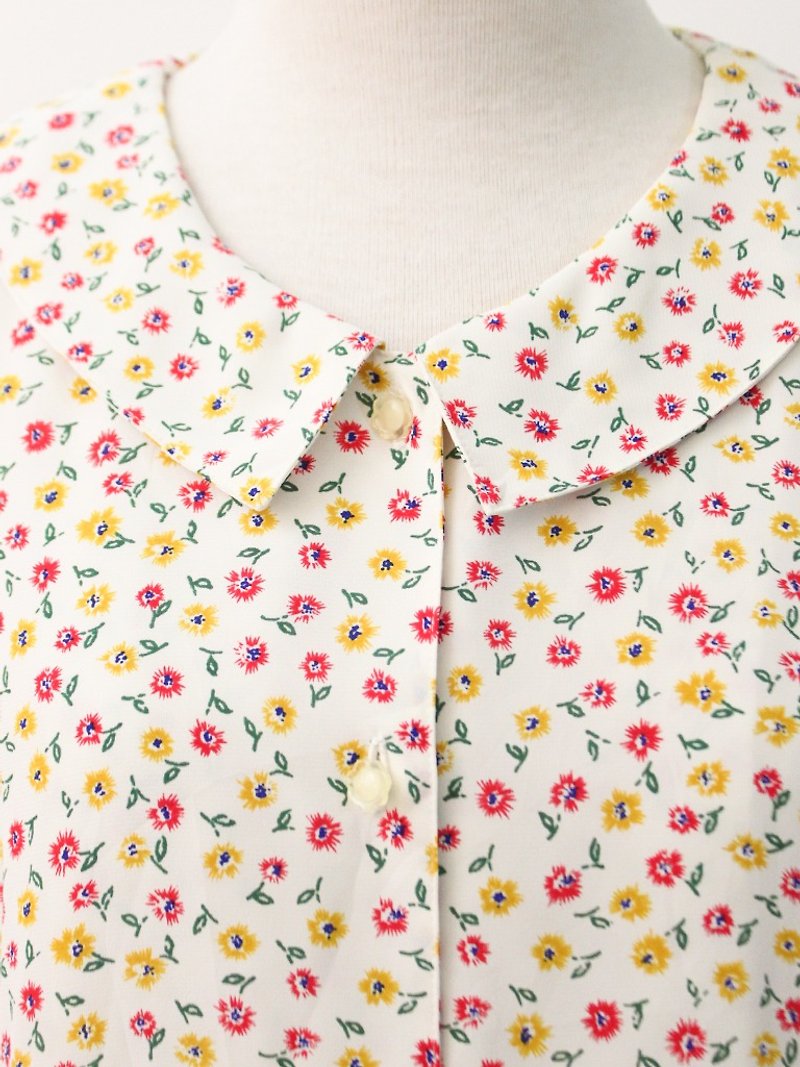 复古日本制花扣碎花白色短袖古着衬衫 Vintage Blouse - 女装衬衫 - 聚酯纤维 黄色