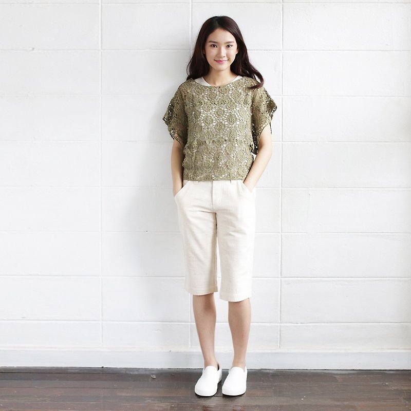 Green Short Sleeve Over Size Tops Lace Cotton Soi-Fah - 女装上衣 - 棉．麻 绿色