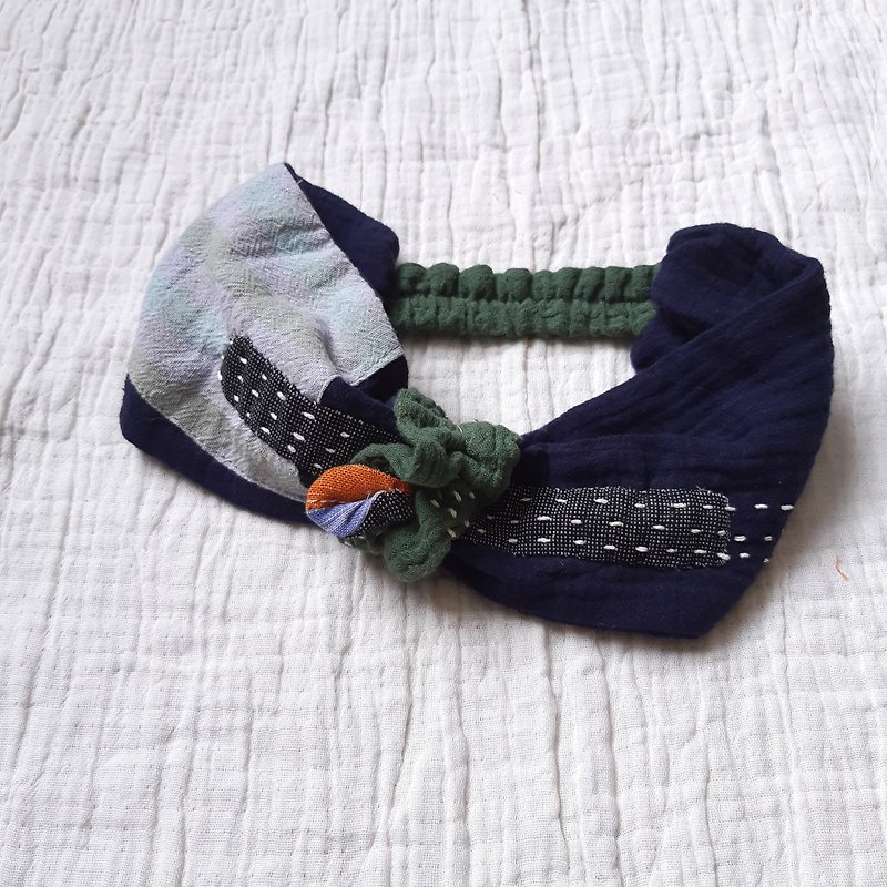 DUNIA handmade /棉纱拼布宽版宝宝发带/ 海军蓝 - 婴儿帽/发带 - 棉．麻 蓝色