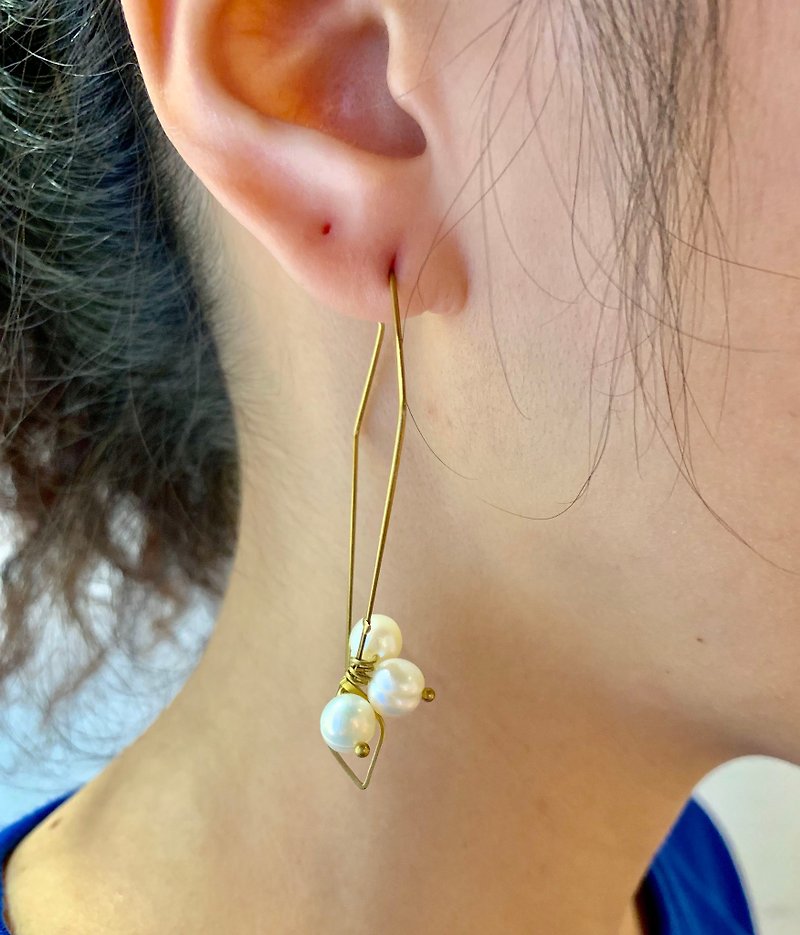 独家_几何造型天然珍珠铜耳环 可免费修改夹式耳环 - 耳环/耳夹 - 珍珠 白色