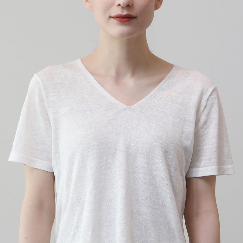 KOOW 无隐 微透 白色麻料简约质感V领针织T恤 - 女装上衣 - 棉．麻 