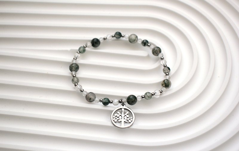 水草玛瑙手链 | 搭配白水晶、钢饰 | 柔软的绿 - 手链/手环 - 水晶 绿色