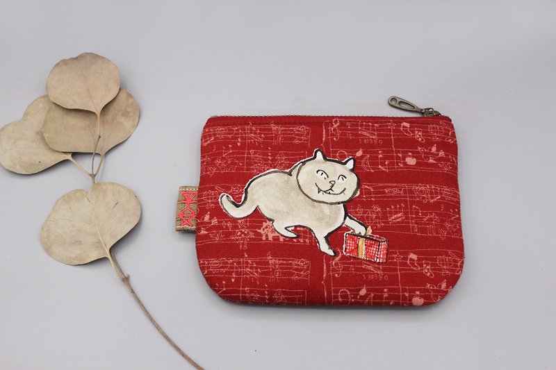 平安小乐包-圣诞猫咪与礼物(一只白猫),双面双色日本棉麻小钱包 - 零钱包 - 棉．麻 红色