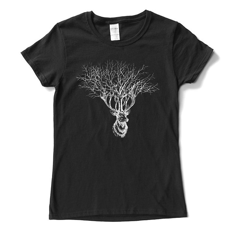 Deer Tree 男女短袖T恤  黑色 鹿树麋鹿设计文青自创品牌动物 - 女装 T 恤 - 棉．麻 