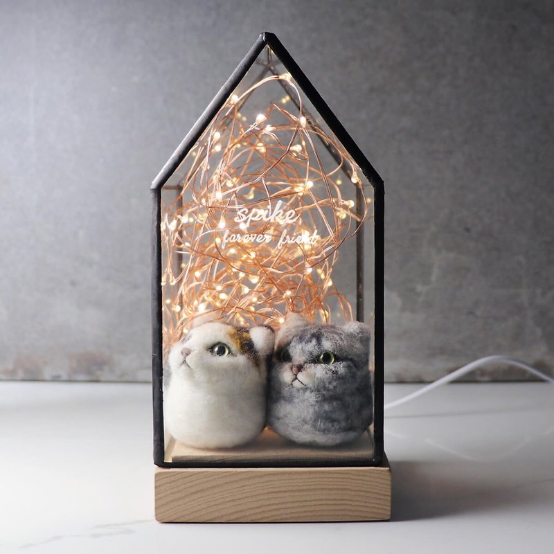 圣诞礼物【等你回家】玻璃雕刻房子灯+猫丸犬丸 定制化宠物小夜灯 - 灯具/灯饰 - 玻璃 灰色