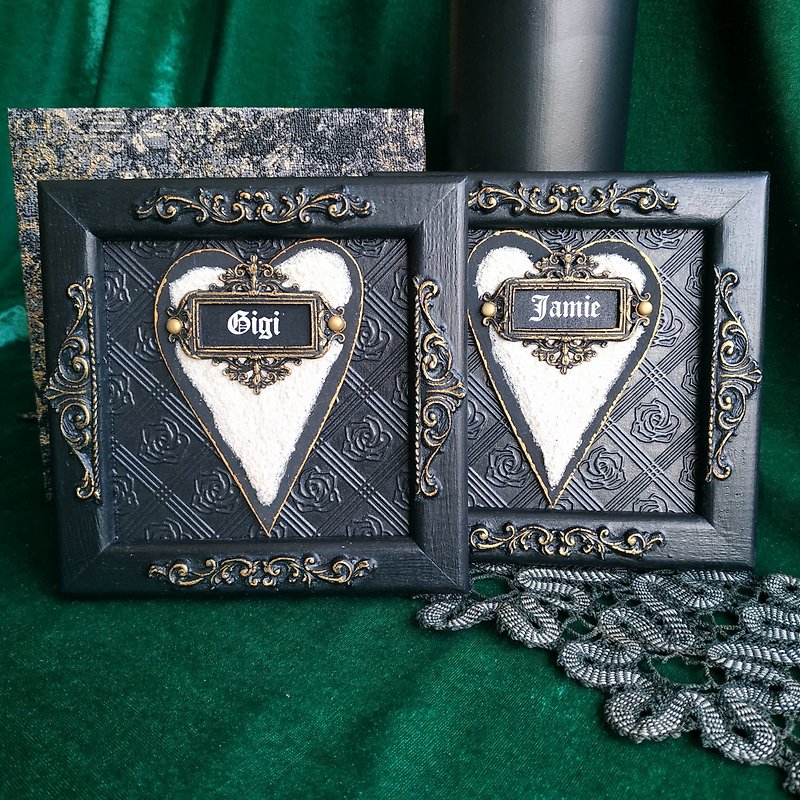 Black Valentine's gift of two black frames with hearts in gift box - 画框/相框 - 其他材质 黑色