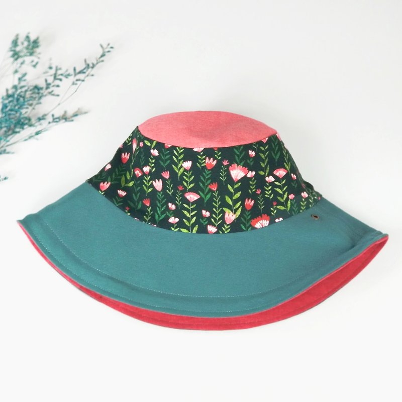 小牛村 手工双面帽 渔夫帽 母亲节礼物【映绿剪绒花】BF-95 - 帽子 - 棉．麻 粉红色