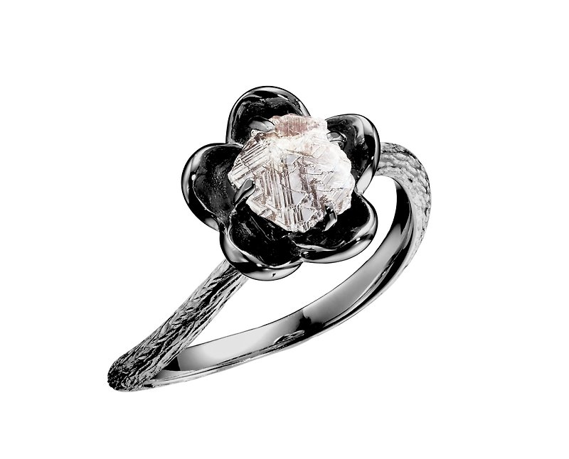 钻石原石14k金梅花求婚戒指 植物原矿订婚戒指 立体花朵单石戒指 - 对戒 - 钻石 黑色