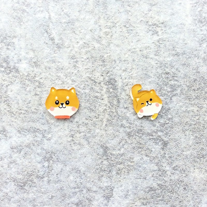 Pista丘手绘耳环 / 动物-柴犬+全身(在搔痒) - 耳环/耳夹 - 树脂 金色