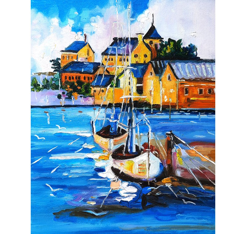 Sailboat  Art  Original  Oil Painting  Wall Decor Oil On Canvas - 墙贴/壁贴 - 其他材质 蓝色