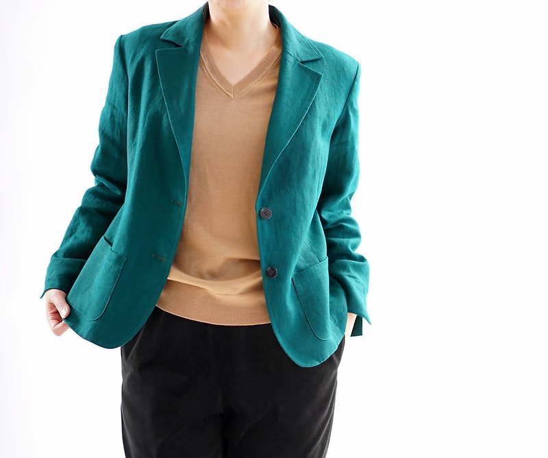 wafu+ 暖リネン テーラードジャケット ノッチド・ラぺル /ビリジアン b18-9 - 女装西装外套/风衣 - 棉．麻 绿色
