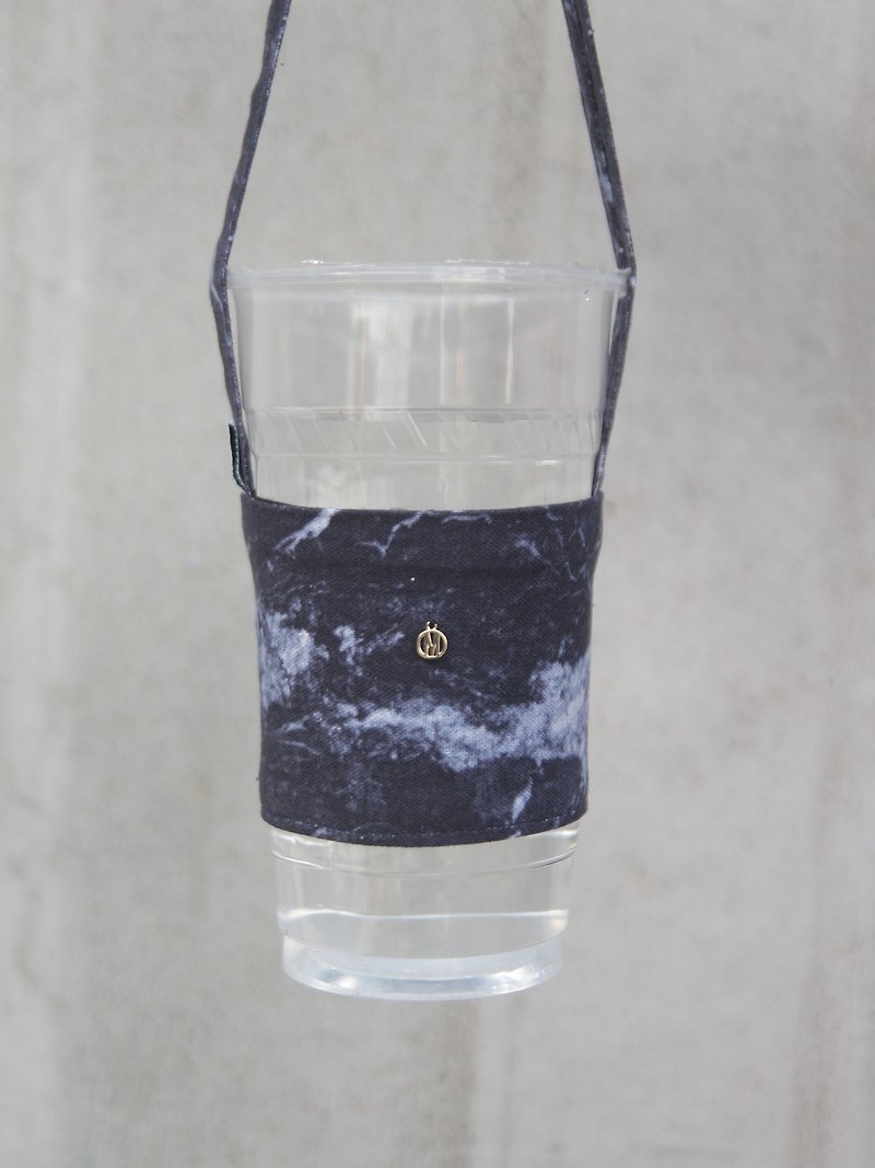 蓝墨大理石　环保提袋 杯套 定制化 专属你的英文吊牌 - 随行杯提袋/水壶袋 - 棉．麻 黑色