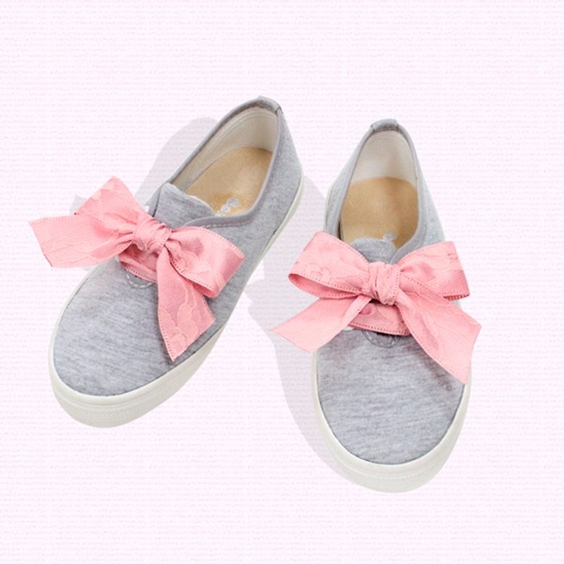 蕾丝休闲鞋 – 灰粉 / 梦幻芭蕾 童鞋 - 童装鞋 - 棉．麻 粉红色