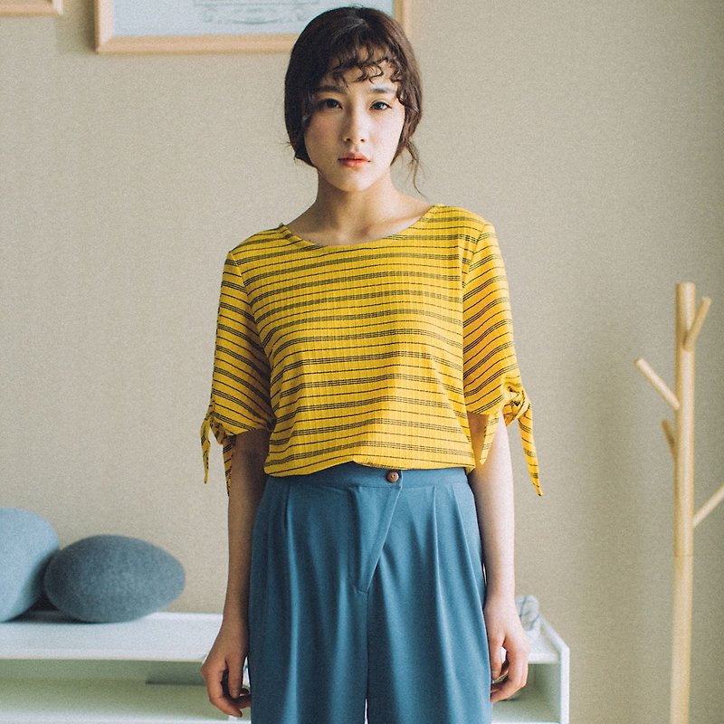 安妮陳2017夏季新款女裝条纹圆领T恤 - 女装上衣 - 棉．麻 黄色