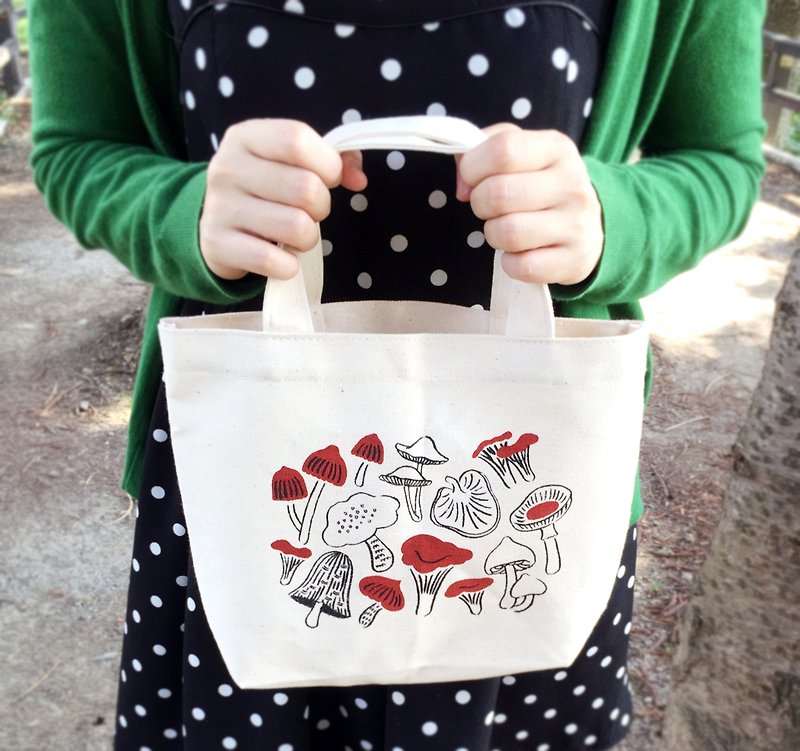 综合菇菇帆布袋 /两色手工绢印 - 手提包/手提袋 - 棉．麻 红色