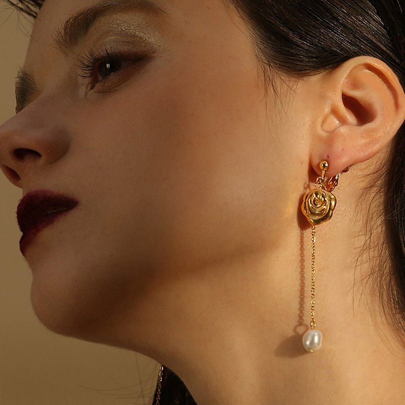 【Mell】巴洛克珍珠长款耳环 耳钉 耳夹 - 耳环/耳夹 - 其他金属 金色