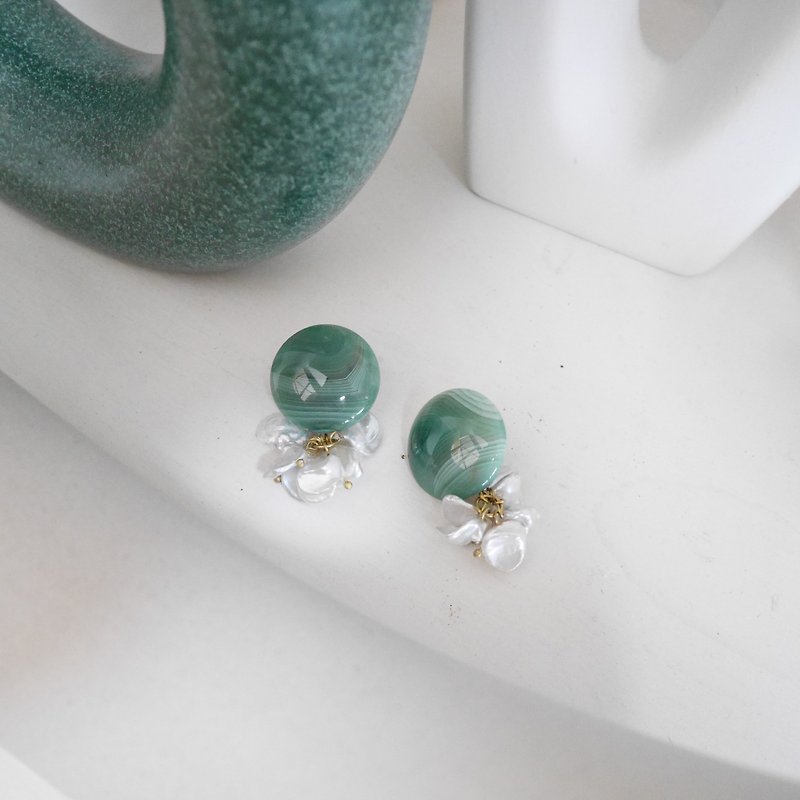 耳环 ピアス / イヤリング  | 树的纹路 - 耳环/耳夹 - 半宝石 绿色