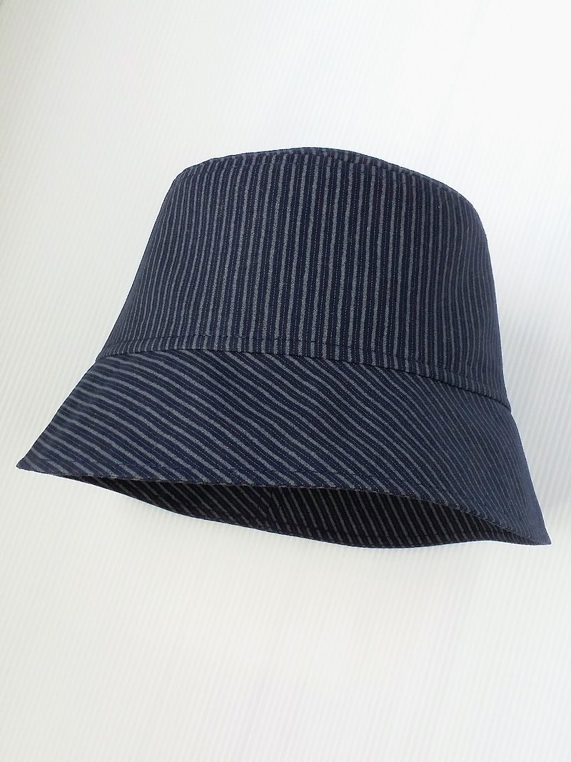 深蓝条纹钟形渔夫帽 - 帽子 - 棉．麻 蓝色