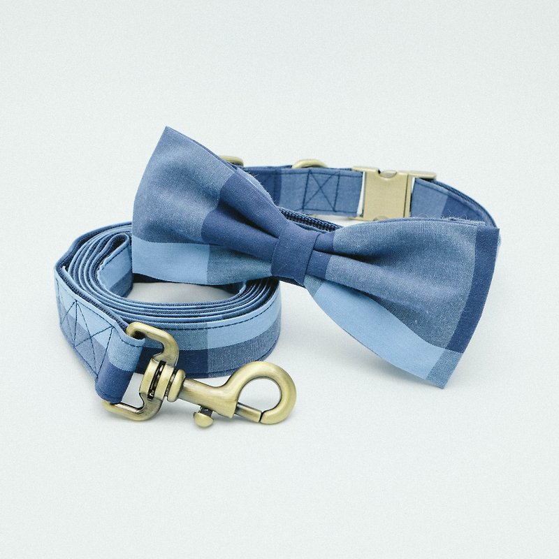 Bowtie Collar with Leash - Plaid Collection Blue / Navy. - 项圈/牵绳 - 其他材质 蓝色
