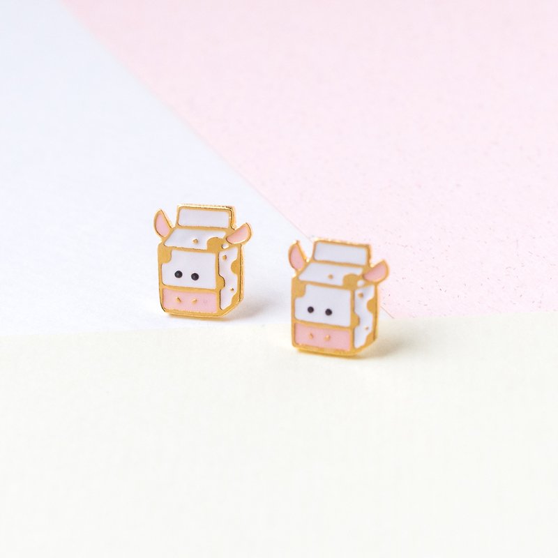 乳牛牛奶盒 Animal  新年礼物 耳环 夹式耳环 - 耳环/耳夹 - 珐琅 白色