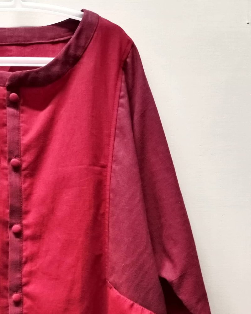双红色圆立领脇边立体口袋棉麻衬衫洋装 - 洋装/连衣裙 - 棉．麻 红色