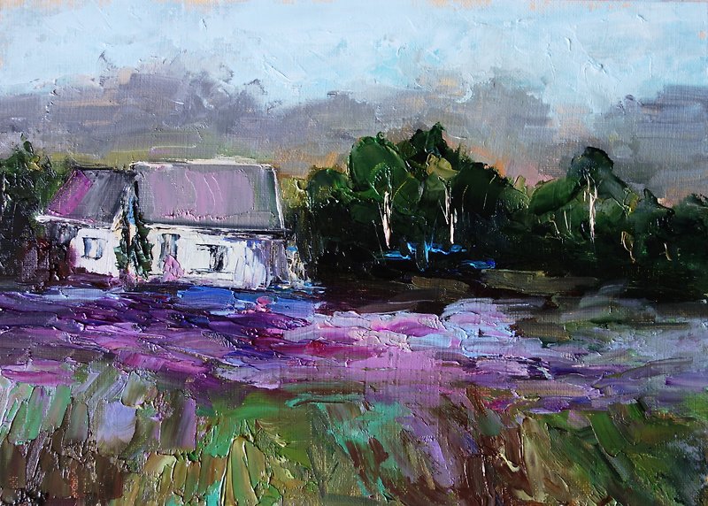 Lavender Fields Painting Oil Landscape Original Art 油畫原作 Meadow Artwork - 海报/装饰画/版画 - 颜料 多色
