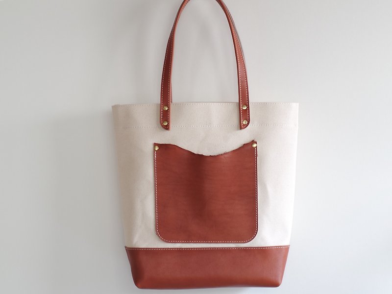 Leather ×Canvas tote bag - 手提包/手提袋 - 真皮 白色