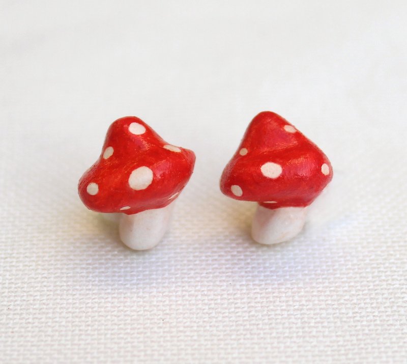 小蘑菇 耳环 / 可改耳夹 - 耳环/耳夹 - 粘土 红色