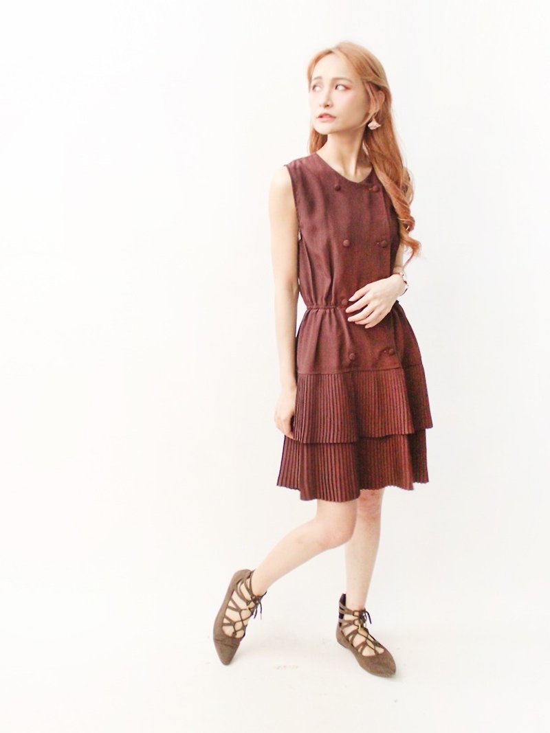 韩国制复古典雅百折棕色无袖古着洋装Vintage Dress - 洋装/连衣裙 - 聚酯纤维 咖啡色